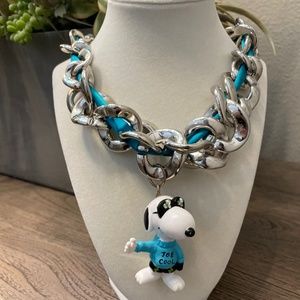 *Handmade Snoopy Silver-Tone Chain link with Ribbon Necklace*